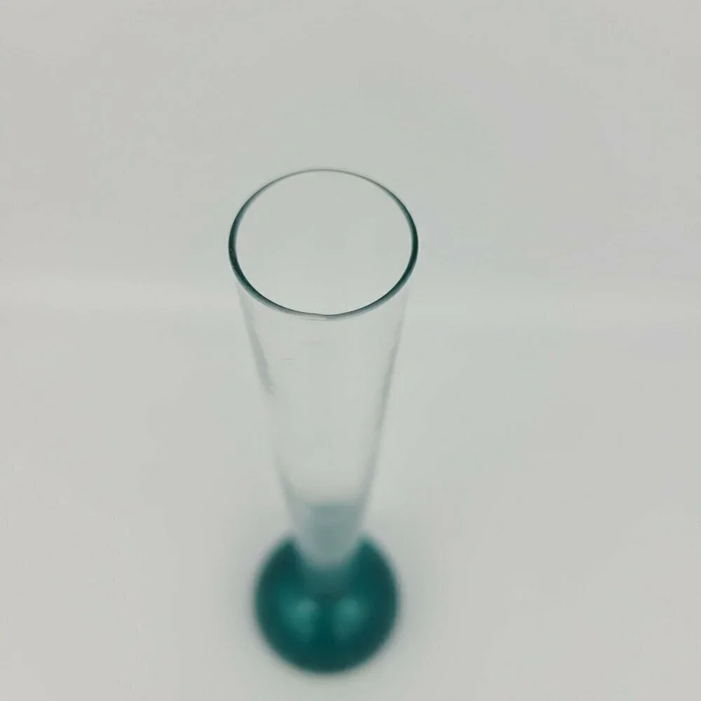Vintage Teal Bubble Base Blown Glass Vase Narrow Mid Century Modern Smooth 8